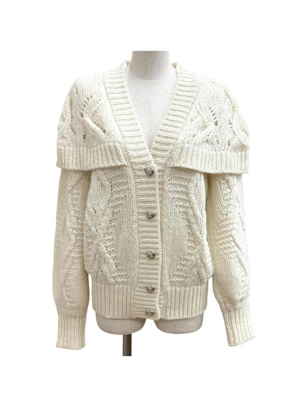 Chanel Wool Alpaca Blend Heart CC Logo Button Rhinestone Sailor Color Cardigan